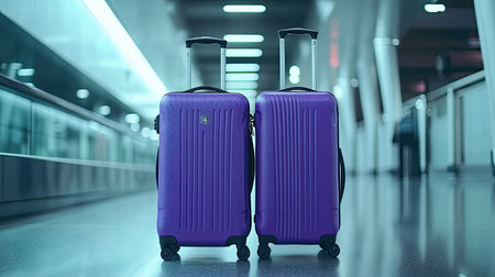 Two purple suitcases side by side in a quiet airport hall, representing the start of a travel adventure. The striking color contrasts with the minimalistic airport surroundings.の素材