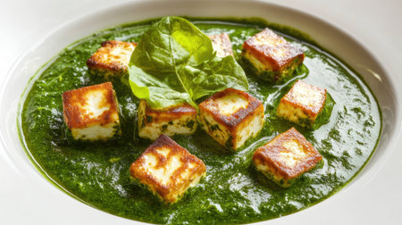 A beautifully presented dish of Palak Paneer, with vibrant green spinach sauce and soft paneer cubes, garnished with a touch of cream. The dish is set on a clean white plate, emphasizing its rich colorsの素材