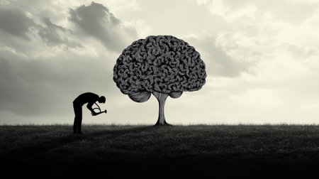 The silhouette of a man watering a brain-shaped tree, highlighting the concept of mind growth and the importance of education. The image portrays the continuous improvement of knowledge and creativityの素材