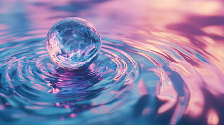 An iridescent sphere gently touches the surface of a liquid, creating ripples that spread outward. The scene captures the delicate interaction between light and water, with a clean background for focus.の素材