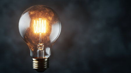 A close-up of an incandescent light bulb glowing brightly against a dark gray backdrop. The image exudes warmth and innovation, ideal for concepts of light, ideas, and inspiration.の素材