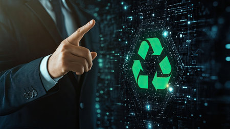 A businessman in a suit pointing at a glowing green recycle symbol on a digital display screen, representing corporate responsibility towards ecology, sustainability, and environmental conservation.の素材