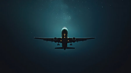 An airplane seen from the front as it ascends into the night sky, symbolizing the freedom of flight and the thrill of departure. The image captures the essence of travel and exploration.の素材
