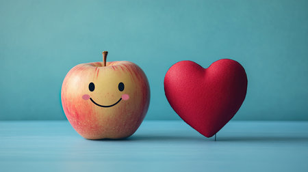 An apple with a happy face next to a human heart model on a blue background, illustrating the importance of nutrition in maintaining cardiovascular health.の素材