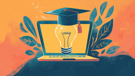 An illustration of a light bulb wearing a graduation cap, hovering over a laptop, symbolizing the future of education and digital learning. The design blends academic achievement with technological innovation.の素材