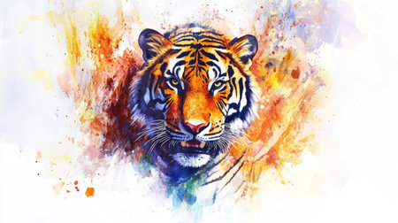 An abstract tiger in watercolor, painted in vibrant hues that evoke the spirit of the jungle. Perfect for creative backgrounds, art prints, or wildlife themes.の素材