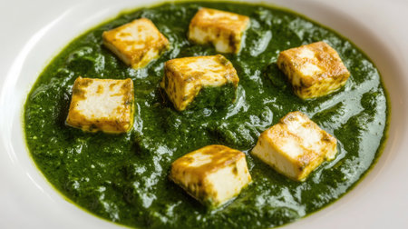 A beautifully presented dish of Palak Paneer, with vibrant green spinach sauce and soft paneer cubes, garnished with a touch of cream. The dish is set on a clean white plate, emphasizing its rich colorsの素材