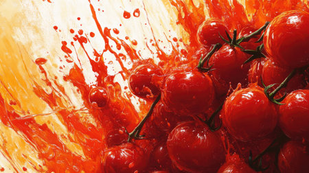 La Tomatina banner design featuring an explosion of red tomatoes, with splashes and smears creating a lively, chaotic scene that embodies the essence of the festival.の素材