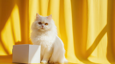 A fluffy white Persian cat sits gracefully next to a clean white food package, with a bright yellow background enhancing the scene.の素材
