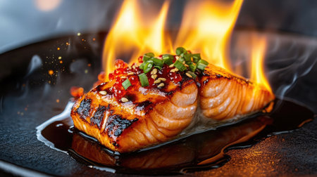 Spicy salmon drenched in unagi sauce, with a backdrop of flames, highlighting the bold and hot flavors of this Japanese dish.の素材