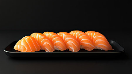 Elegant presentation of salmon sashimi slices on a minimalist black plate, showcasing the artistry of Japanese cooking, with space for advertising text.の素材