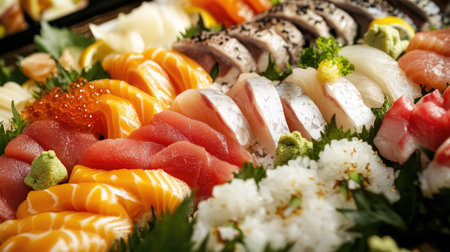 Various kinds of sashimi neatly arranged on a platter, highlighting the freshness and variety of Japanese cuisine, perfect for a gourmet food displayの素材