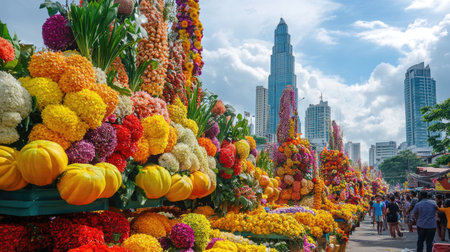 The Kadayawan Festival in full swing, with floats covered in flowers and fruits passing by the colorful Davao city skyline, celebrating the harvest and culture.の素材