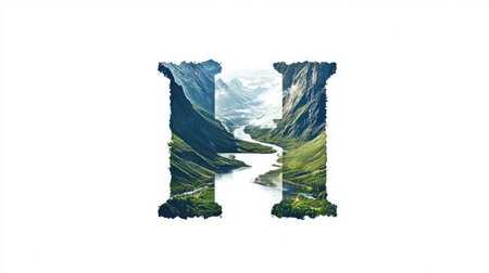 The letter "H" appears as a mountain with a flowing river cutting through its center, creating an illusion of a natural landscape, all set against a clean white background.の素材
