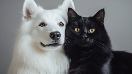 A close-up shot of a cheerful Icelandic Sheepdog and an affectionate black cat, showcasing their friendly relationship in a clean studio setting.の素材