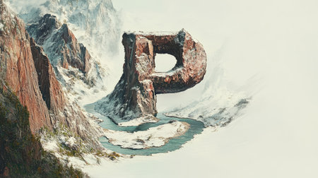 The text "P" is designed as a towering mountain with a river meandering through its center, giving the impression of an optical illusion on a white backdrop.の素材