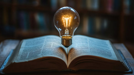 A glowing light bulb placed atop an open book, illuminating the pages. The image signifies the importance of knowledge and the inspiration it brings, ideal for academic or creative themesの素材