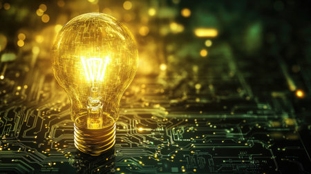 A glowing yellow lightbulb set against a circuit board backdrop, capturing the essence of technological creativity and energy, with room for text or logos.の素材