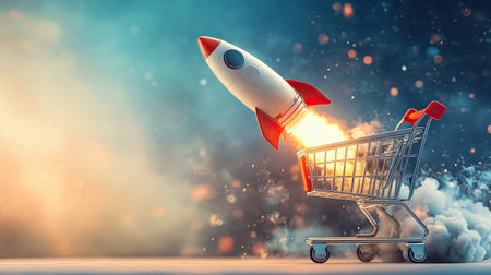 An exciting visual of a rocket launching from a shopping cart, illustrating the concept of fast delivery and quick service in e-commerce, with a clean background providingの素材