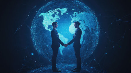Two businessmen hold hands firmly with a 3D-rendered globe behind them, surrounded by abstract lines representing global communication and connectivity.の素材