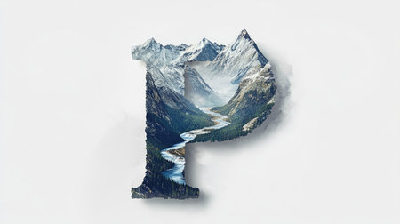 The letter "P" appears as a mountain with a flowing river cutting through its center, creating an illusion of a natural landscape, all set against a clean white background.の素材