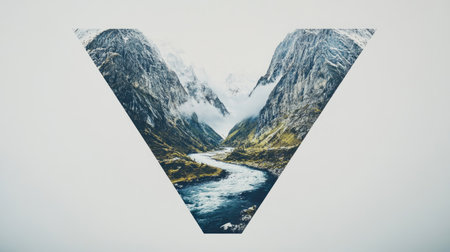The letter "Y" appears as a mountain with a flowing river cutting through its center, creating an illusion of a natural landscape, all set against a clean white background.の素材