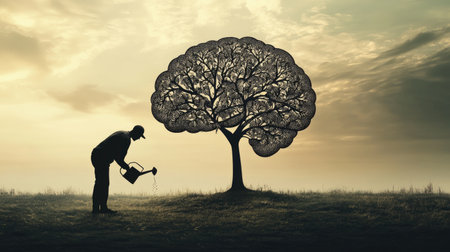 A man silhouette watering a tree in the shape of a human brain, emphasizing the growth of mind and creativity. The image portrays the cultivation of intellect and the importance of knowledge in shaping the futureの素材