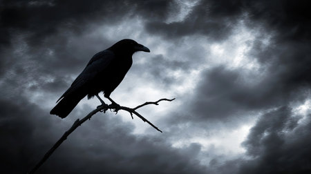 The silhouette of a crow on a withered branch against a backdrop of dark clouds, evoking a sense of foreboding and mysteryの素材