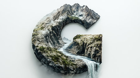 The letter "G" appears as a mountain with a flowing river cutting through its center, creating an illusion of a natural landscape, all set against a clean white background.の素材
