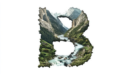The letter "B" is creatively shaped like two mountain peaks with a river cascading through the middle, forming an abstract landscape against a white background.の素材