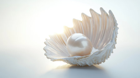 A detailed 3D rendering showcasing a luminous pearl inside an intricately shaped seashell on a pristine white background. Perfect for themes of elegance, nature, and luxury.の素材
