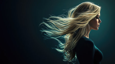 A striking image of a woman with long blonde hair, styled to perfection, standing against a dark background. Her hair flows gently in the breeze, adding movement and allure to the scene.の素材