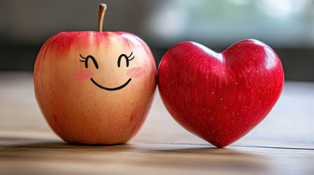 A close-up of a red apple with a cheerful face drawn on it, next to a realistic human heart organ, symbolizing the connection between healthy eating and heart health.の素材
