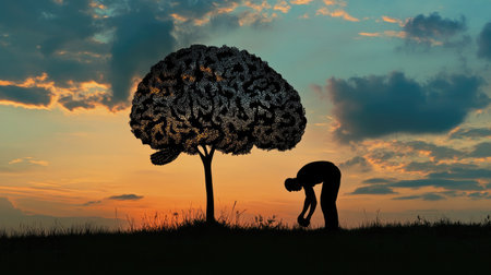 A man silhouette tending to a brain-shaped tree, representing the cultivation of wisdom, education, and personal development. The scene captures the essence of intellectual growth and mental well-being.の素材