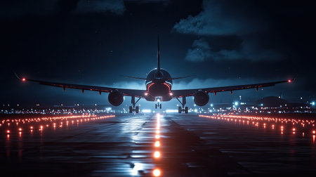 A front-view shot of an airplane lifting off the ground at night, with lights glowing on the runway. The image conveys the excitement of travel, the power of aviation, and the start of a new adventure.の素材
