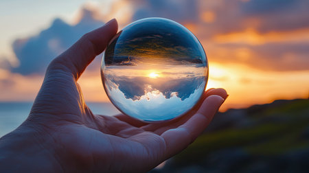 Hand holding a crystal ball with the sky and horizon reflected within it, capturing the essence of future vision and potential.の素材