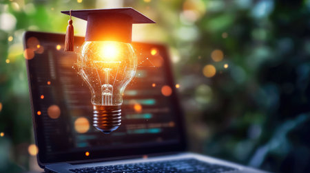 A graduation cap perched on top of a glowing light bulb, floating above a laptop screen. The image represents the fusion of technology and education, perfect for online learning themesの素材