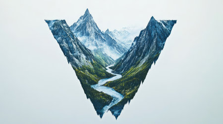 The letter "V" appears as a mountain with a flowing river cutting through its center, creating an illusion of a natural landscape, all set against a clean white background.の素材