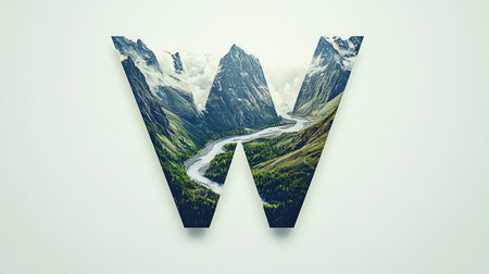 The letter "W" appears as a mountain with a flowing river cutting through its center, creating an illusion of a natural landscape, all set against a clean white background.の素材