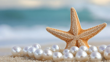 A close-up of a starfish resting beside white pearls on a sandy beach, with the ocean in the background. The tranquil setting highlights themes of relaxation and coastal charm.の素材