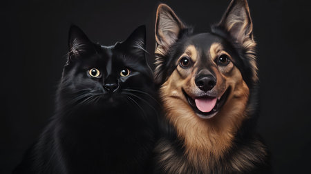 Close-up studio portrait of a joyful Icelandic Sheepdog and a calm black cat sitting together, highlighting the warmth and friendship between these two adorable pets.の素材