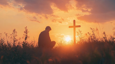 The silhouette of a man kneeling before a cross at sunset, bathed in golden light, representing a moment of deep religious faith, prayer, and spiritual connection with Christ.の素材