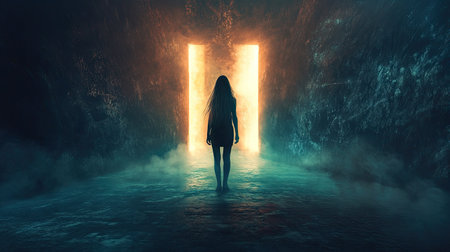 A mysterious shot of a woman standing before glowing portals, with soft, radiant light illuminating her figure, creating a sense of wonder and discovery.の素材