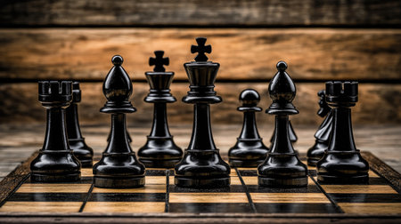 Black chess pieces on a rustic wooden chessboard, positioned for a match. The scene captures the essence of strategic thinking and the mental battle of chess.の素材