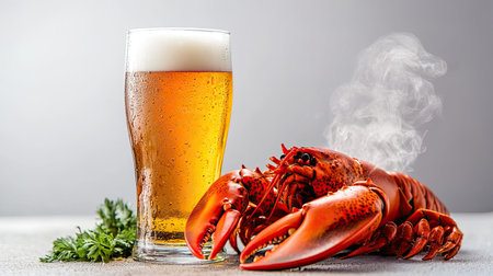 A chilled glass of beer served alongside a steaming lobster, displayed on a white background, ideal for culinary advertising or gourmet dining visuals.の素材