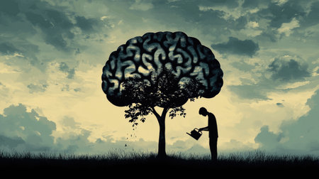The silhouette of a man watering a brain-shaped tree, highlighting the concept of mind growth and the importance of education. The image portrays the continuous improvement of knowledge and creativityの素材