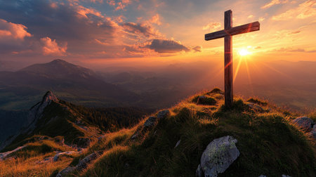 A wooden cross standing tall on a mountain peak at sunrise, with the sky glowing in warm hues. The image captures the essence of faith and the symbolism of sacrifice and salvation.の素材