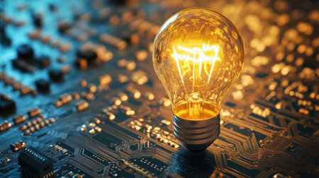 Glowing yellow bulb placed on a circuit board background, symbolizing the fusion of creativity and technology, with copy space for marketing or educational purposes.の素材