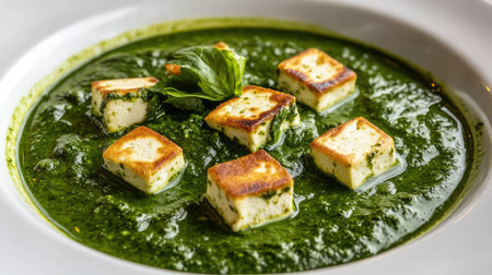 A beautifully presented dish of Palak Paneer, with vibrant green spinach sauce and soft paneer cubes, garnished with a touch of cream. The dish is set on a clean white plate, emphasizing its rich colorsの素材