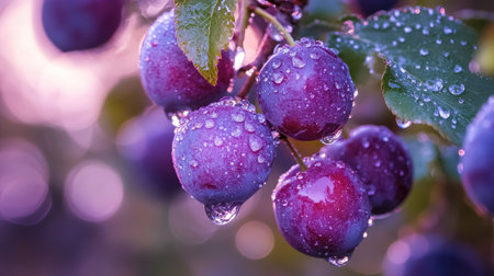 Close-up of a plum tree branch filled with ripe, purple plums glistening with water droplets. The blurred background highlights the fresh, juicy fruit and the richness of the natural setting.の素材